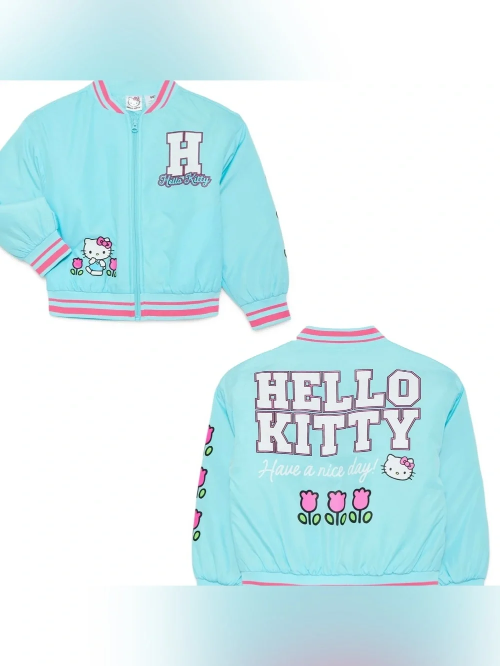 BRAND NEW Hello Kitty Aqua Jacket with Pink Trim and Floral Accents Girls 4/5